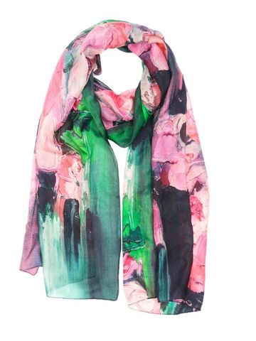 Rose Symphony Floral Scarf – Pure Silk Designer Wrap | Hand-Painted Pink Roses on Green