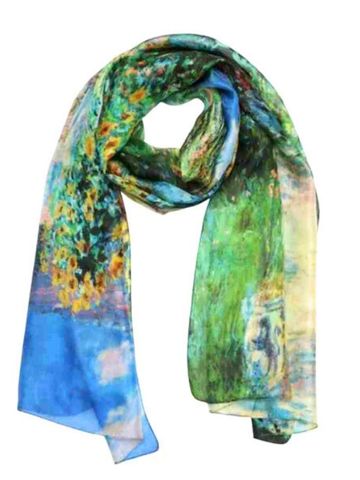 Sunflower Garden Path Impressionist Floral Pure Silk Scarf – Inspired by The Artist's Garden by Claude Monet Art Wrap