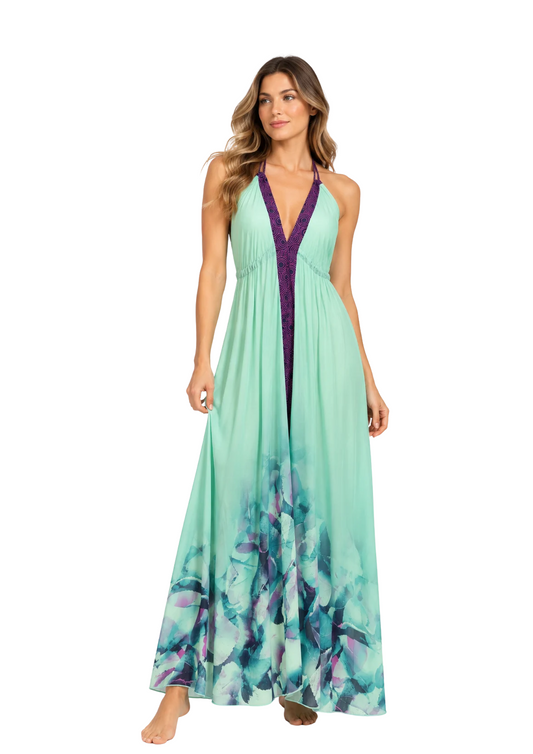 Vestido hasta los tobillos en forma de A con estampado de pájaros de fuego. (Copia)