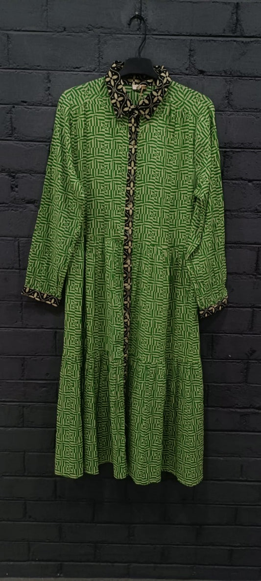 Mid-length Flared Dress - Green Illusion (Screen Print)