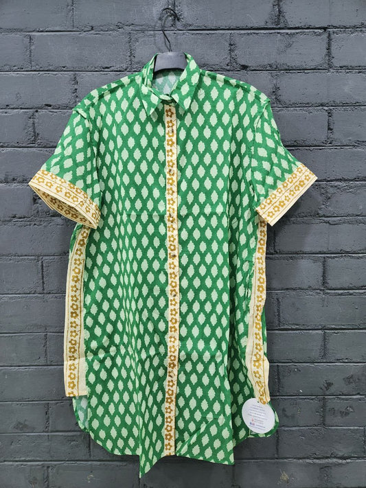 Half Sleeves Long Tunic - Green Geometric (Screen Print)