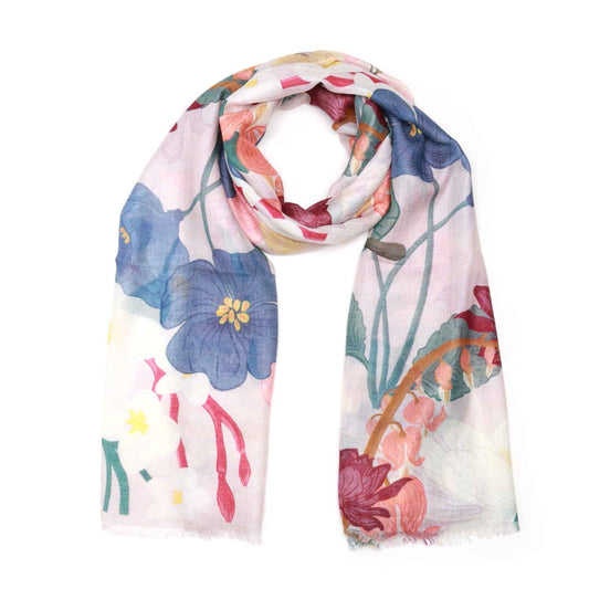 Botanical Symphony Scarf – Merino Wool Silk Wrap | Multicolor Garden Blooms on Soft Blush