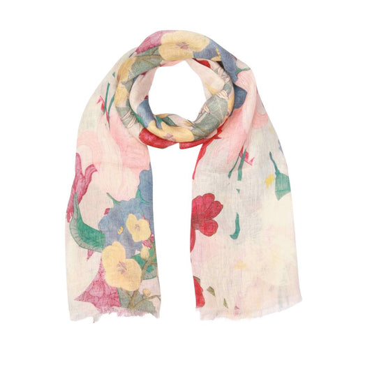 Botanical Symphony Scarf – Pure Linen Wrap | Multicolor Garden Blooms on Soft Blush