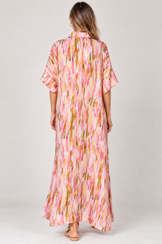 Abstract Brushstroke Button-Down Modal Satin Dress