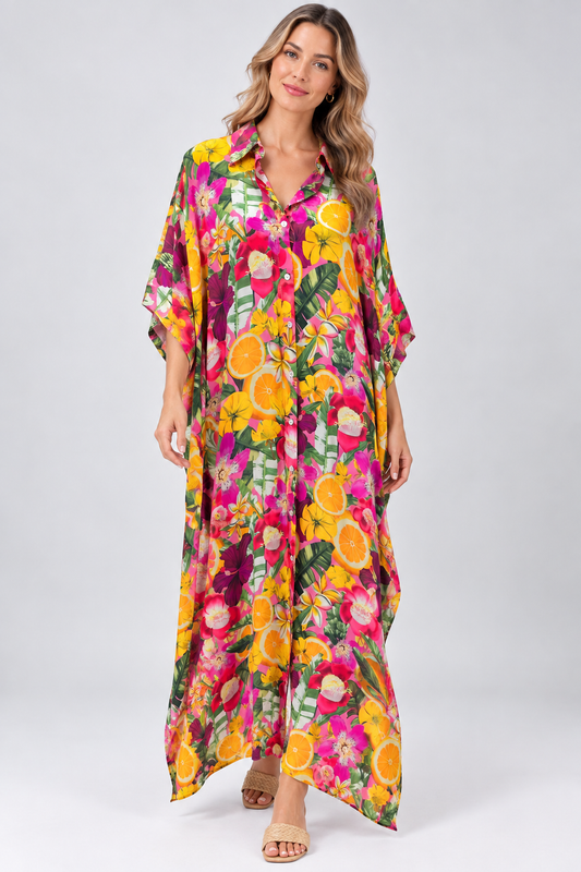 Tropical Floral & Citrus Print Modal Satin Button-Down Dress