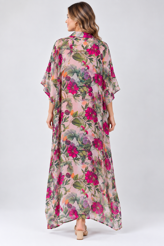 Botanical Floral Print Modal Satin Button-Down Dress