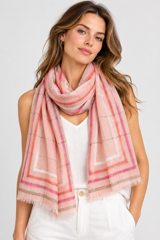 Title: Concentric Border Grid Pure Silk Scarf