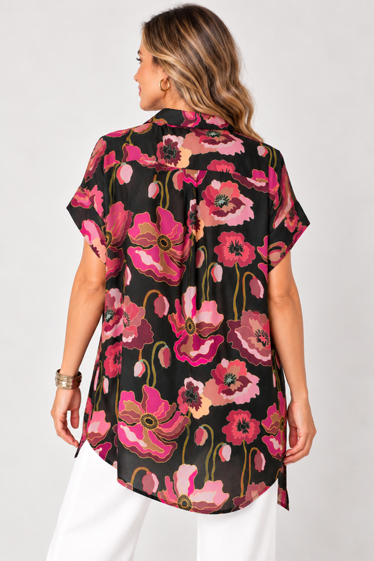 Floral Print Hi-Lo Rayon Cap Sleeve Top