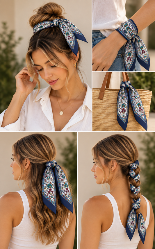 Navy Blue Floral Paisley Silk Skinny Scarf