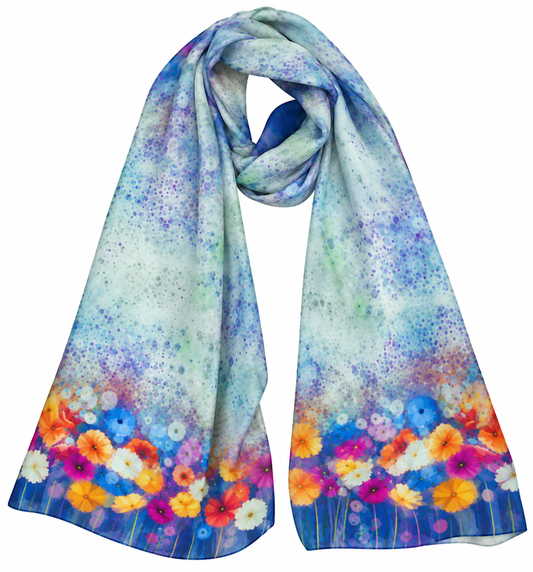 Blue Meadow Floral Pure Silk Designer Scarf
