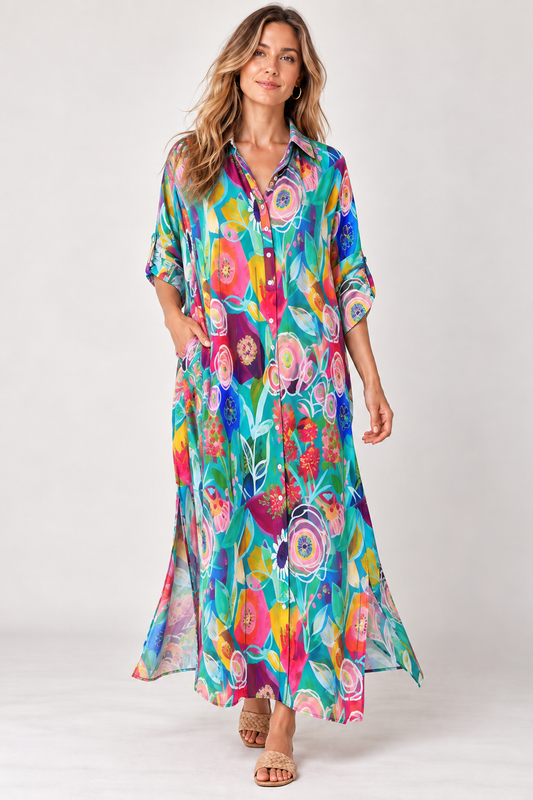 Colourful Floral Button-Down Modal Satin Dress