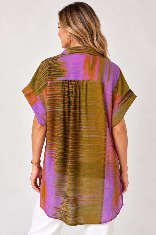 Artisan Print Hi-Lo Rayon Cap Sleeve Top