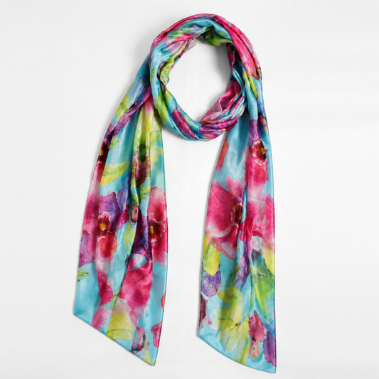 Orchid Floral Scarf – Modal Silk Designer Wrap | Vibrant Multicolour Print on Aqua Blue