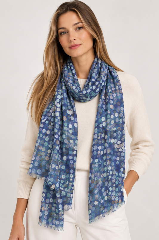 Blue Pebble Mosaic Merino Wool Silk Scarf