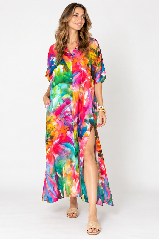 Watercolour Floral Button-Down Modal Satin Dress