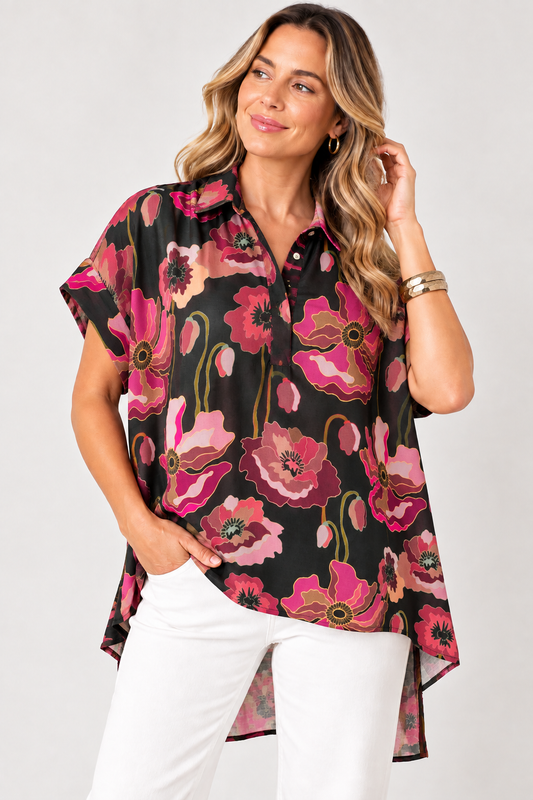 Floral Print Hi-Lo Rayon Cap Sleeve Top
