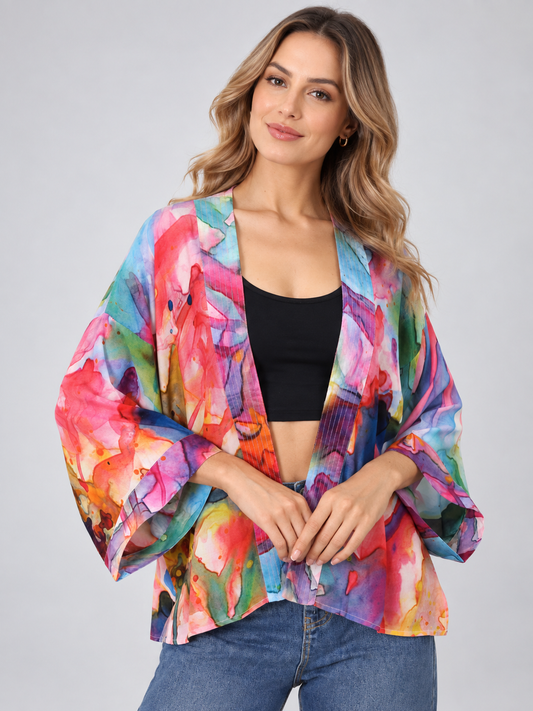 Watercolor Bloom Abstract Cotton Muslin Short Kimono