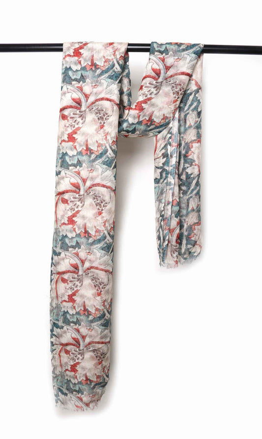 Crimson Peony Japanese Bloom Scarf – Cotton Modal Designer Wrap | Vintage Japanese Floral Botanical Prin
