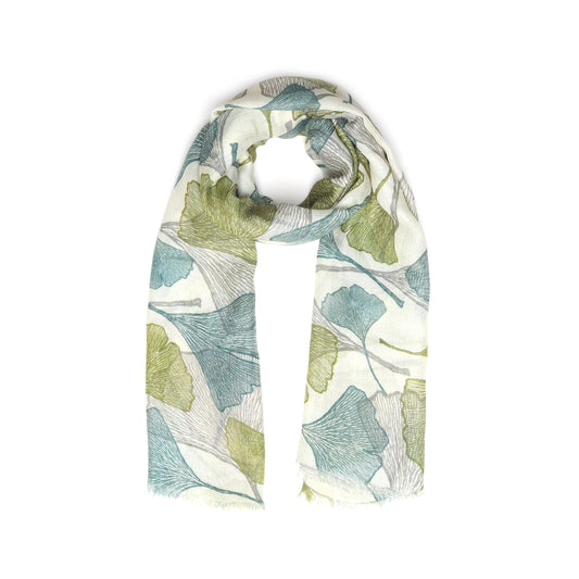 Autumn Ginkgo Leaf Scarf – Cotton Modal Designer Wrap | Japanese Botanical Nature Print- Green Tone