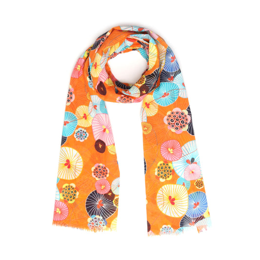 Lotus Leaves Japanese Floral Scarf – Modal Silk Designer Wrap | Multicolor Nature Print - Orange