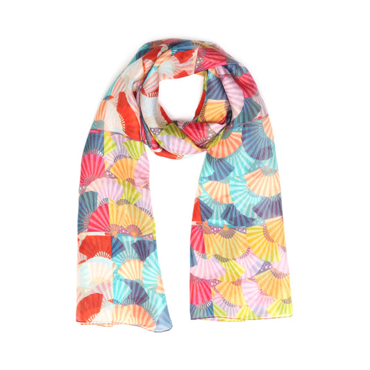 Fresco Fan Delight Scarf – Pure Silk Designer Wrap | Multicolour Geometric Pattern Japanese Print