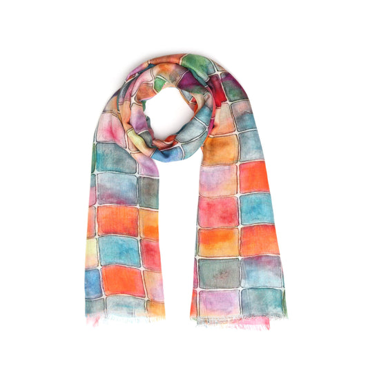 Rainbow Mosaic Abstract Scarf – Cotton Modal Designer Wrap | Multicolour Geometric Tile Print