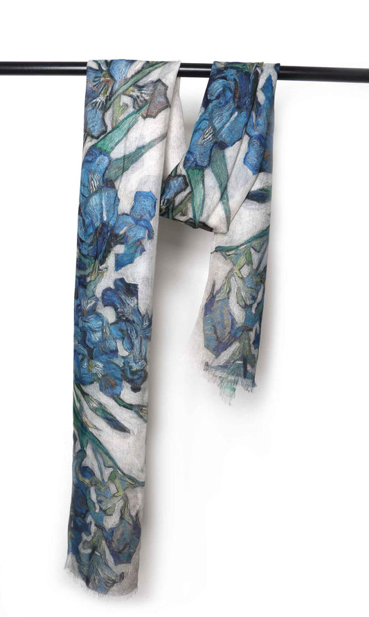 Van Gogh Irises Floral Scarf – Cotton Modal Designer Wrap | Blue Botanical Art Print