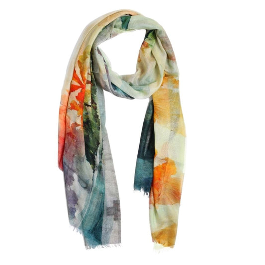 Tropical Horizon Floral Landscape Scarf – Modal Silk Designer Wrap | Watercolor Coastal Print