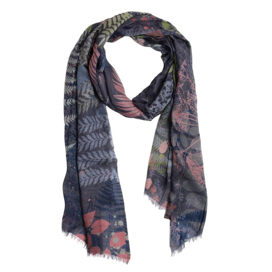 Midnight Fern Botanical Scarf – Merino Wool Designer Wrap | Nature-Inspired Leaf Print