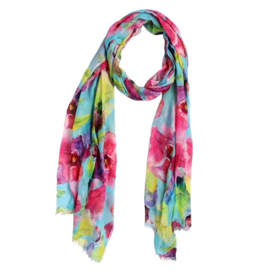 Tropical Bird & Orchid Floral Scarf – Modal Silk Designer Wrap | Vibrant Multicolour Print on Aqua Blue