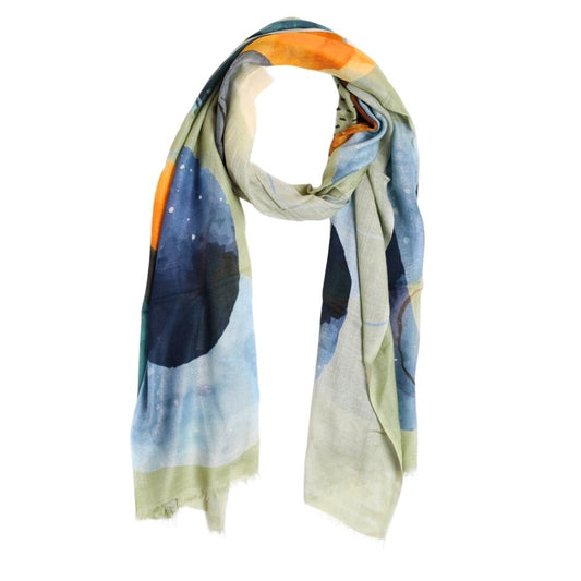Ocean Ember Abstract Scarf – Contemporary Modal Silk Designer Wrap | Watercolor Art Print - earthy olive