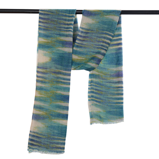 Ocean Mirage Abstract Scarf – Merino Wool Silk Designer Wrap | Blue & Teal Geometric Ikat Print