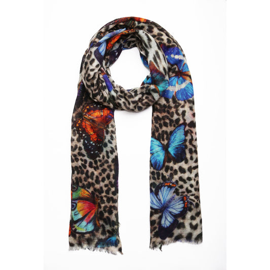 Butterfly Jungle Animal Print Scarf – Merino Fine Wool Designer Wrap | Leopard Pattern with Colorful Butterflies