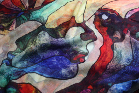 Cosmic Harmony Abstract Scarf – Merino Wool Silk Designer Wrap | Multicolour Artistic Pattern