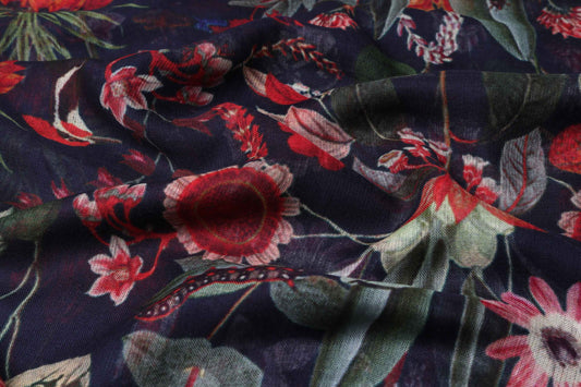 Tropical Garden Scarf – Modal Silk Blend | Red Botanical & Exotic Bird Australian Coastal Print on Black base