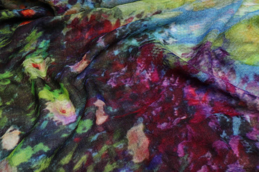 Garden Serenity Floral Scarf – Merino Wool Silk | Impressionist Landscape Print Wrap