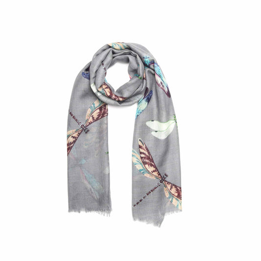 Grey Dragonfly Scarf – Luxury Merino Wool Silk Silk | Nature-Inspired Insect Print