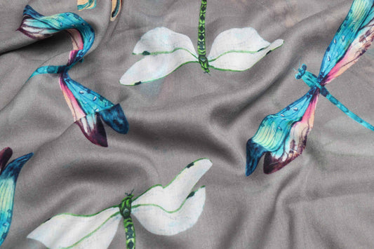 Grey Dragonfly Scarf – Luxury Merino Wool Silk Silk | Nature-Inspired Insect Print