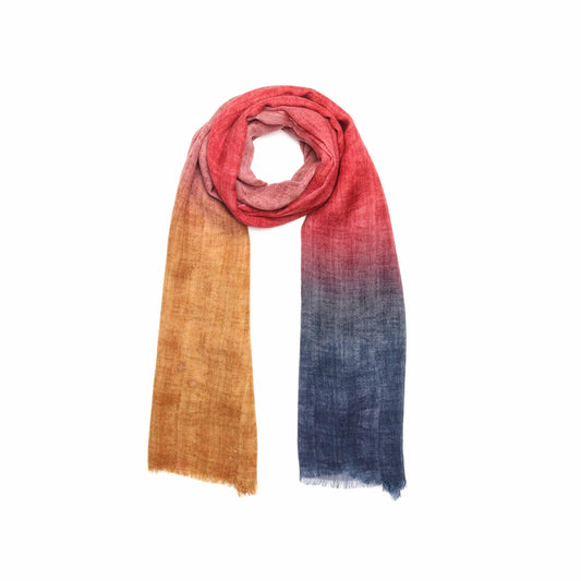 Ombre Gradient Scarf – Merino Wool Silk Blend | Multicolor Stripes in Mustard, Rose, Red & Indigo