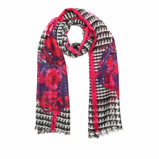 Crimson Weave Merino Wool Silk Scarf – Floral & Geometric Designer Print