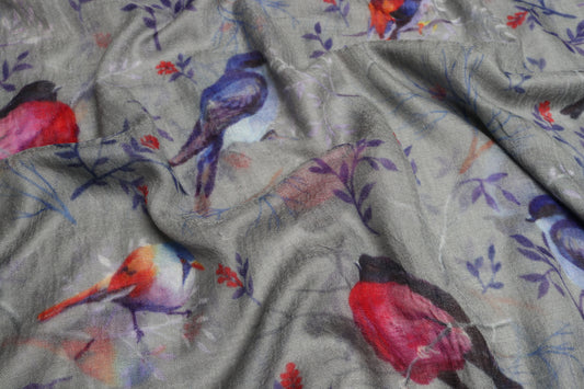 Tropical Bird Scarf – Cotton Modal Blend | Colorful Songbird & Botanical Print on Steel Grey