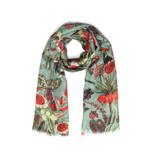 Tropical Garden Scarf – Modal Silk Blend | Red Botanical & Exotic Bird Australian Coastal Print on Khaki Green