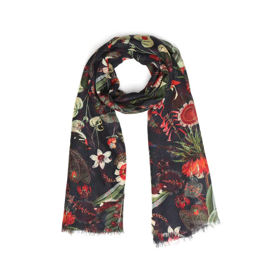 Tropical Garden Scarf – Merino Wool Silk Blend | Red Botanical & Exotic Bird Australian Coastal Print on Black base