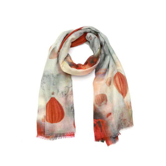 Autumn Sky Balloons Scarf – Merino Wool Silk Wrap | Abstract Floating Dreams in Fiery Sunset Hues