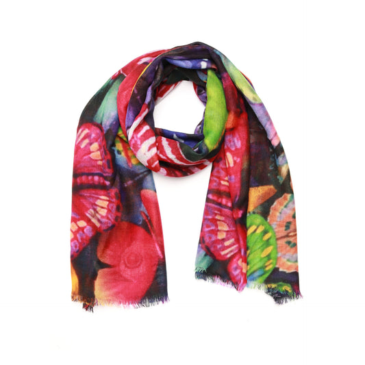 Butterfly Kaleidoscope Abstract Scarf – Merino Wool Silk Wrap | Vibrant Wings in Rainbow Hues
