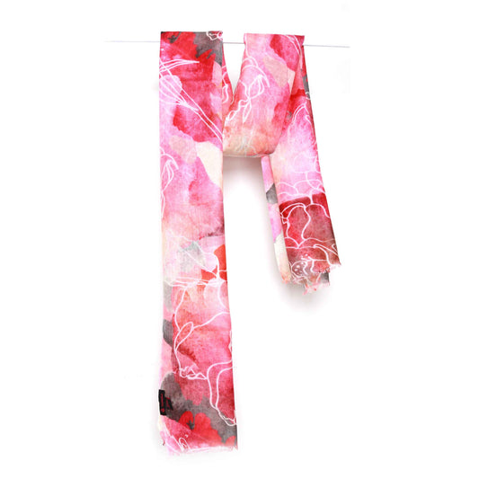 Watercolor Rose Symphony Scarf – Merino Wool Silk Wrap | Floral Artistic Bloom in Pink & Coral Hues
