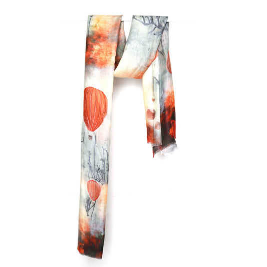 Autumn Sky Balloons Scarf – Merino Wool Embroidered Wrap | Abstract Floating Dreams in Fiery Sunset Hues