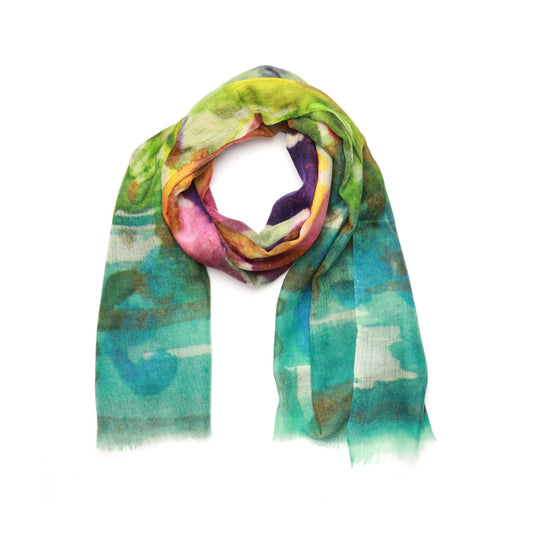 Meadow Mirage Scarf – Cotton Modal Wrap | Abstract Watercolor Blooms in Sunrise Hues