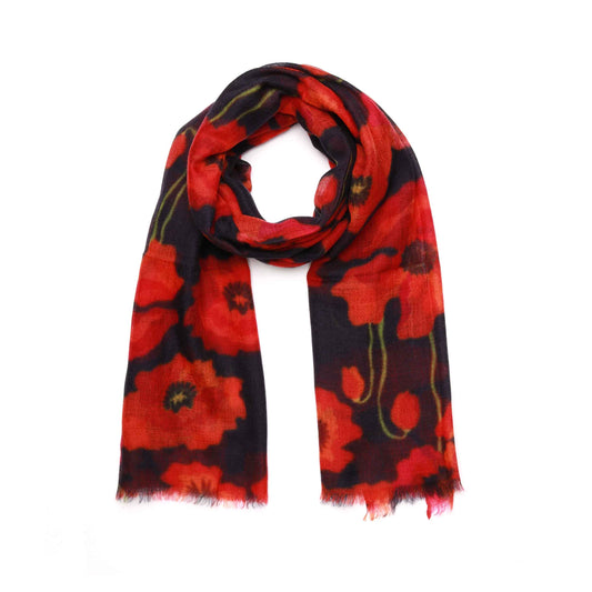 Poppy Bloom Scarf – Merino Wool Silk Wrap | Red & Scarlet Poppies on Radiant Black Canvas