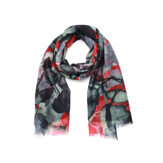 Midnight Ivy Scarf – Merino Fine Wool Wrap | Monochrome Leaves on Crimson Red Canvas